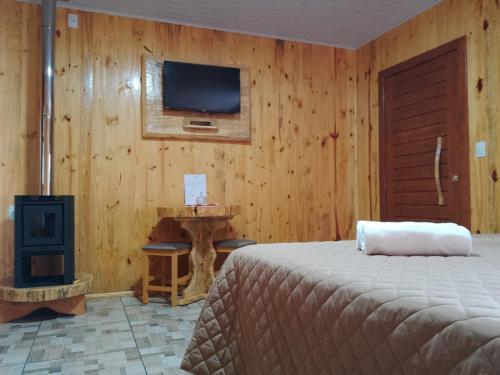 Un dormitorio con una cama, una chimenea y un televisor. en Pousada Refúgio do Sol, en Cambará