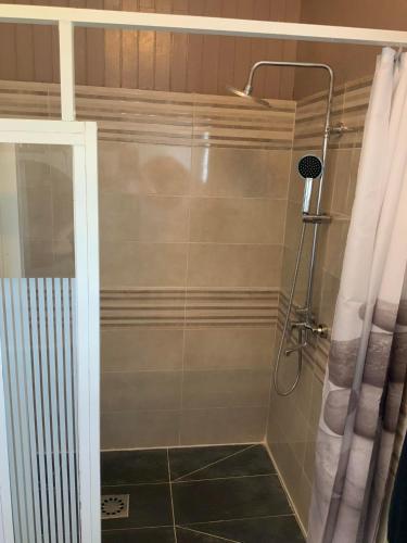 a shower with a glass door in a bathroom at Villa Eden Wood in Ivato