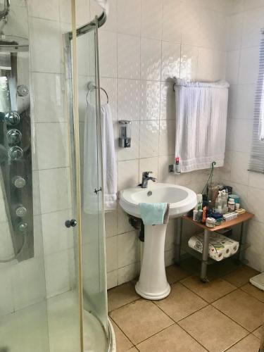 a bathroom with a sink and a shower at Colourful modern home in Soweto