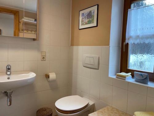 ein Badezimmer mit Toilette und Waschbecken in der Unterkunft Ferienhof Wolfrum in Berg