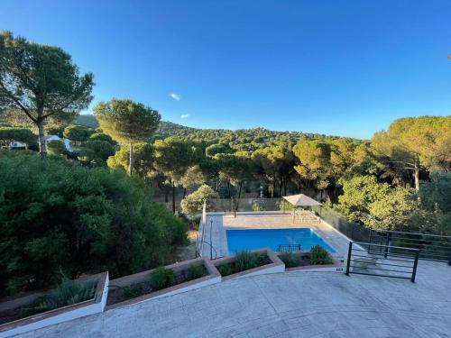 an aerial view of a swimming pool in a yard at La Garzona in Andújar