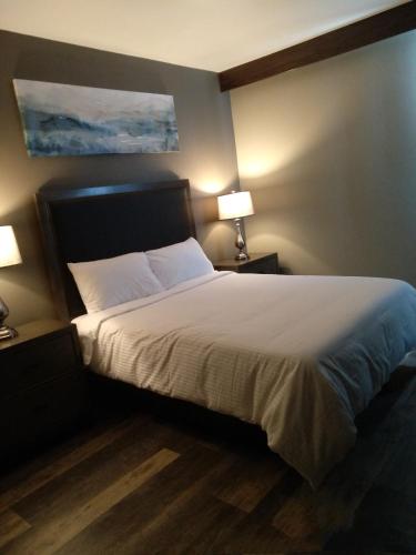 een slaapkamer met een groot bed met 2 lampen bij Park Lane Motor Hotel Medicine Hat in Medicine Hat