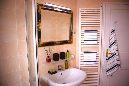 a bathroom with a sink and a mirror and a shower at Chalet Perinaldo in Perinaldo