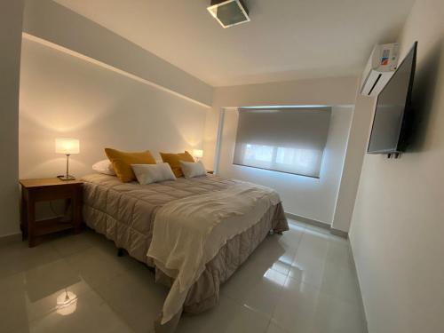 1 dormitorio con 1 cama y TV en la pared en HAUS APARTAMENTOS en Salta