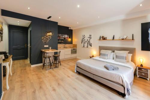 une chambre avec un grand lit et une cuisine dans l'établissement Charming studio in the heart of the pedestrian area, à Annecy