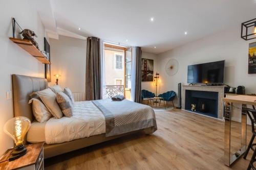 - une chambre avec un lit, un bureau et une cheminée dans l'établissement Charming studio in the heart of the pedestrian area, à Annecy