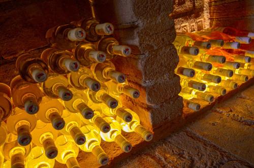 a bunch of yellow vases on a brick wall at Penzion Zaječák in Zaječí
