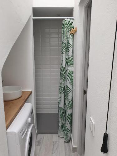 a bathroom with a toilet and a shower curtain at CASA MAMA CARINA in Agüimes