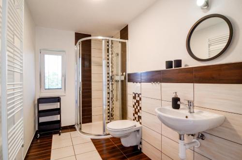ein Badezimmer mit einem Waschbecken, einem WC und einem Spiegel in der Unterkunft Apartmány Zaječák in Zaječí