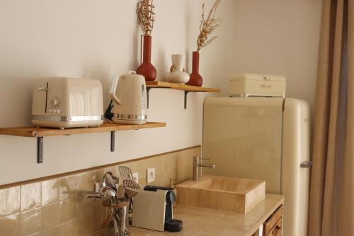 a kitchen with a sink and a refrigerator at A Vadina Porticcio in Albitreccia