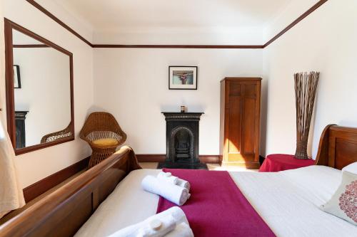 Schlafzimmer mit einem Bett, einem Kamin und einem Spiegel in der Unterkunft Upton House - Charming 4-bedroom home in Torquay in Torquay