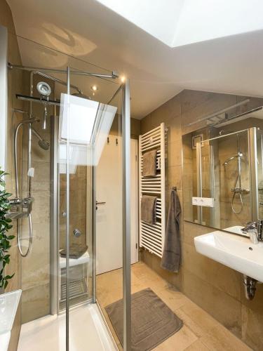 uma casa de banho com uma cabina de duche em vidro e um lavatório. em Ferienwohnung am Alexbad em Bad Alexandersbad
