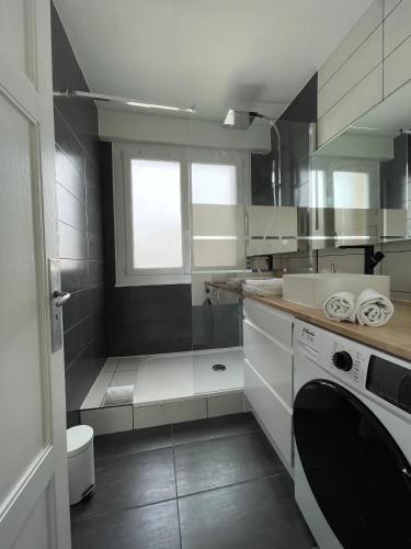 une cuisine avec un évier et une machine à laver dans l'établissement Le Zen - Wifi - Netflix - 3 chambres - Parking, à Clermont-Ferrand