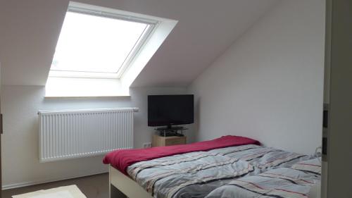 a bedroom with a bed with a window and a television at Alb-Biosphäre-Ferienwohnung in Ingstetten