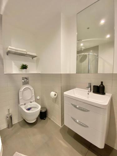 a white bathroom with a toilet and a sink at Goodwin St in London
