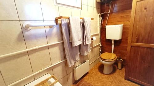 a bathroom with a toilet and towels on the wall at Vikendica Boki i Maki in Divčibare
