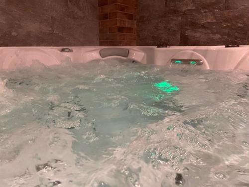 a bathtub filled with water with a green ball in it at Apartmány U Lípy in Tatobity