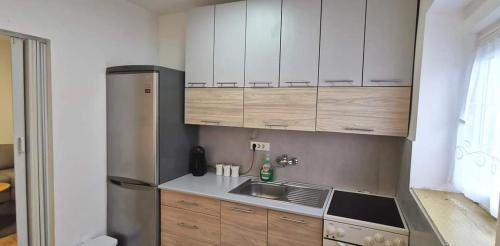 La cuisine est équipée de placards blancs et d'un réfrigérateur en acier inoxydable. dans l'établissement Apartman Aleksandar, à Odžaci
