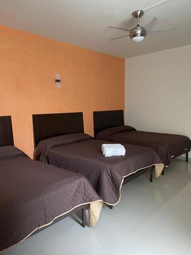 3 Betten in einem Zimmer mit einer Decke in der Unterkunft Suite Hotel San Salvador in San Juan de los Lagos