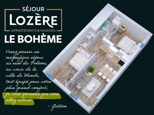 ein Flyer für einen Grundriss eines Hauses in der Unterkunft Le Bohème - Spa/Netflix/Wifi Fibre - Séjour Lozère in Mende