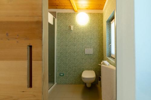 een badkamer met een toilet en een glazen douche bij For Rest in Madesimo
