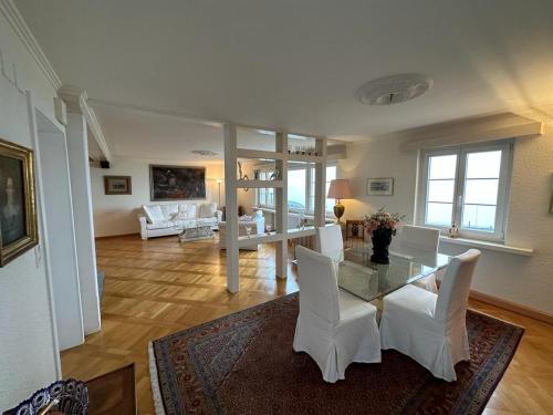 a living room with a glass table and white chairs at Lakeside Apartments Rorschach - easy self check-in in Rorschach