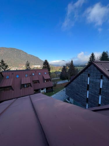 een uitzicht vanaf het dak van een huis met bergen op de achtergrond bij Mandi Mandi a Tarvisio in Tarvisio