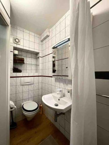 a white bathroom with a toilet and a sink at Schöne Eigentumswohnung optional mit Sauna Nutzung in Villingen-Schwenningen