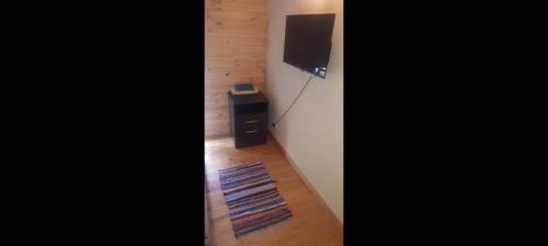 a room with a television and a rug on the floor at Sur tiny house in El Bolsón