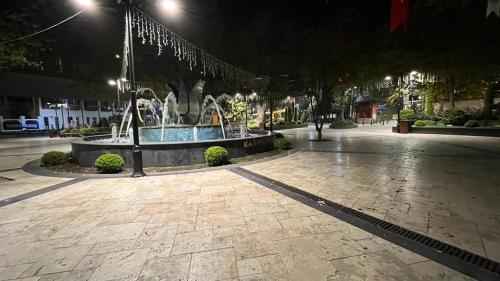een binnenplaats met een fontein in de nacht met verlichting bij Thalia Suites Hotel in Istanbul