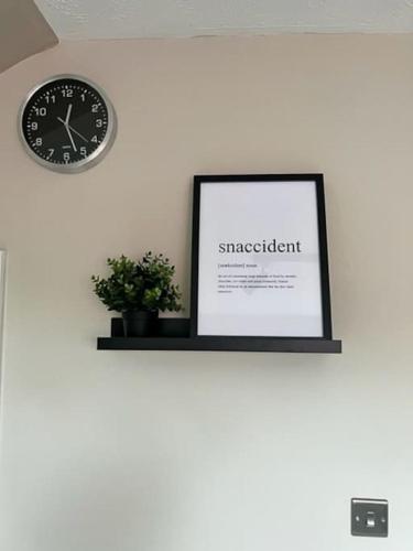a clock and a picture on a shelf with a plant at Mews house 5 minutes walk from the sea in Cleethorpes