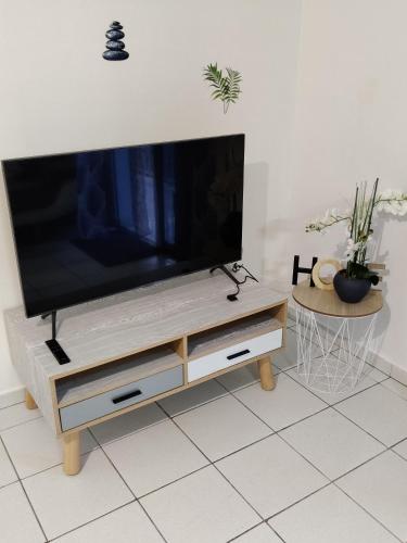a flat screen tv sitting on top of a wooden entertainment center at HIBISCUS in Baillif