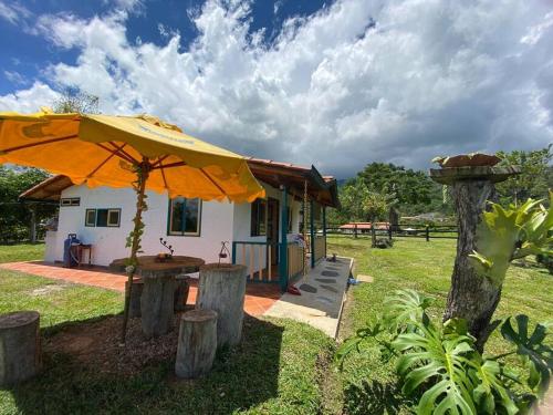 una pequeña casa con un paraguas amarillo en el césped en Cabaña Alcaravanes., en San Vicente de Chucurí