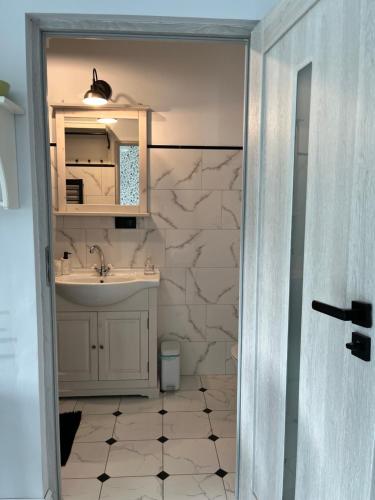 een badkamer met een wastafel en een spiegel bij Dobra1 in Ściegny