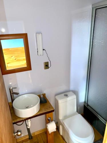 a bathroom with a white toilet and a sink at Vista al Paine - Refugio de Aventura in Torres del Paine