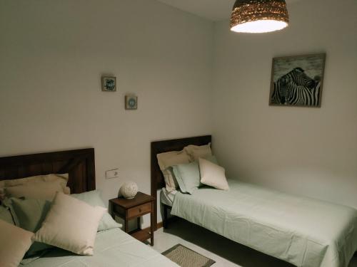 a bedroom with two beds and a chandelier at VILLA CUQUI in Antequera