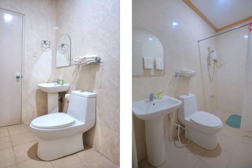two pictures of a bathroom with a toilet and a sink at RedDoorz New Casamila Hotel Palawan in Puerto Princesa City