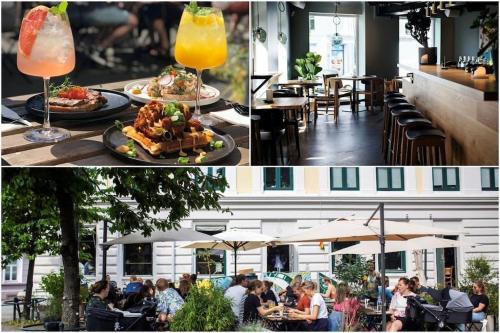 two pictures of a restaurant with food and people sitting at tables at Lovely central apartment with two large bedrooms nearby Oslo Opera, vis a vis Botanical garden in Oslo