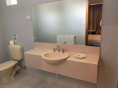 a bathroom with a sink and a toilet and a mirror at Casey on Princes Motel in Hallam