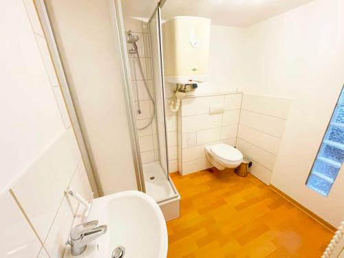 ein Bad mit einer Dusche, einem Waschbecken und einem WC in der Unterkunft Fully Equipped Flat with *3BR* + *1LR* in Apolda