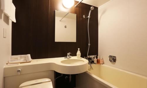 a bathroom with a sink and a toilet and a mirror at Mielparque Hiroshima in Hiroshima