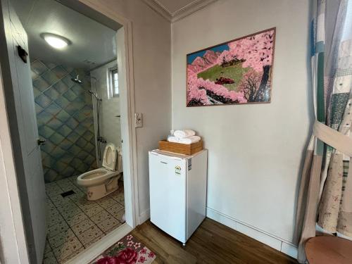 a bathroom with a toilet and a refrigerator at Artist and Flower Pension in Namhae