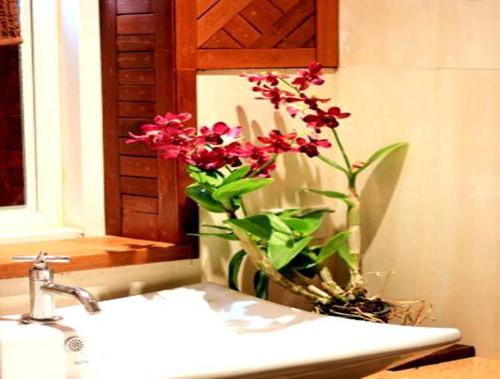 a bathroom with a sink with a vase with flowers at Suanmali Samui in Lamai