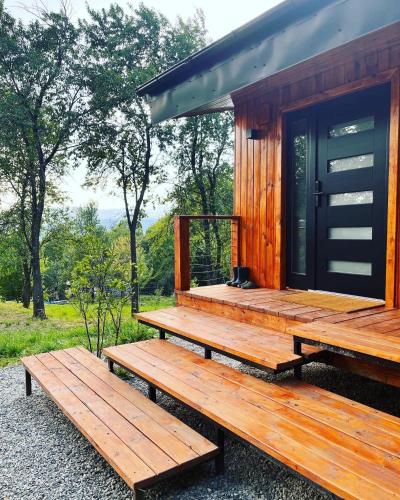 eine Holzhütte mit zwei Bänken davor in der Unterkunft MoodySun Studio, remote tiny home in Comarnic