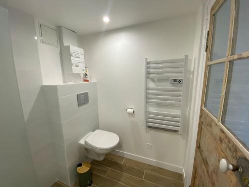 a white bathroom with a toilet and a window at Studio cosy tout équipé en cœur de ville au calme in Guingamp