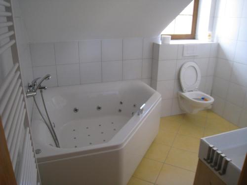 a white bathroom with a tub and a toilet at Skalský Mlýn in Lísek