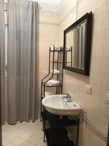 ein Bad mit einem Waschbecken, einem Spiegel und einer Dusche in der Unterkunft Appartamento Sole in centro a Bologna WI-FI Fibra in Bologna