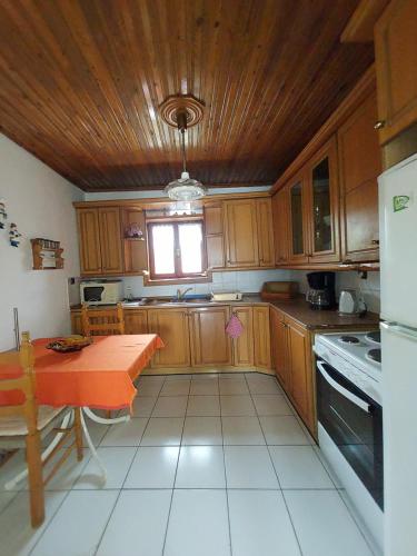 - une cuisine avec des placards en bois et une table dans l'établissement Michael&Marika's Traditional House, à Limenaria