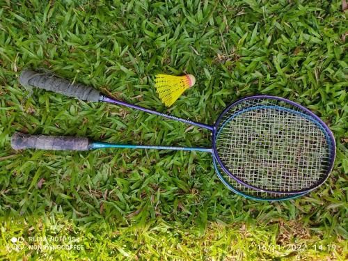 a tennis racket and a butterfly on the grass at Chanmuang guesthouse in Mae Hong Son