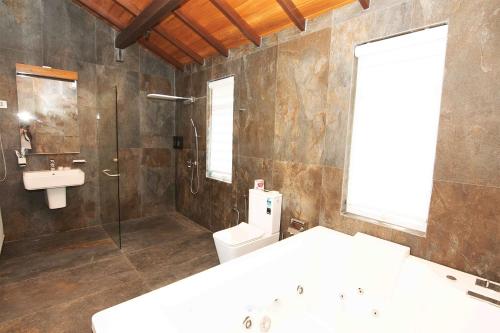 a bathroom with a sink and a toilet and a shower at River Arc Bolgoda Villa in Panadura